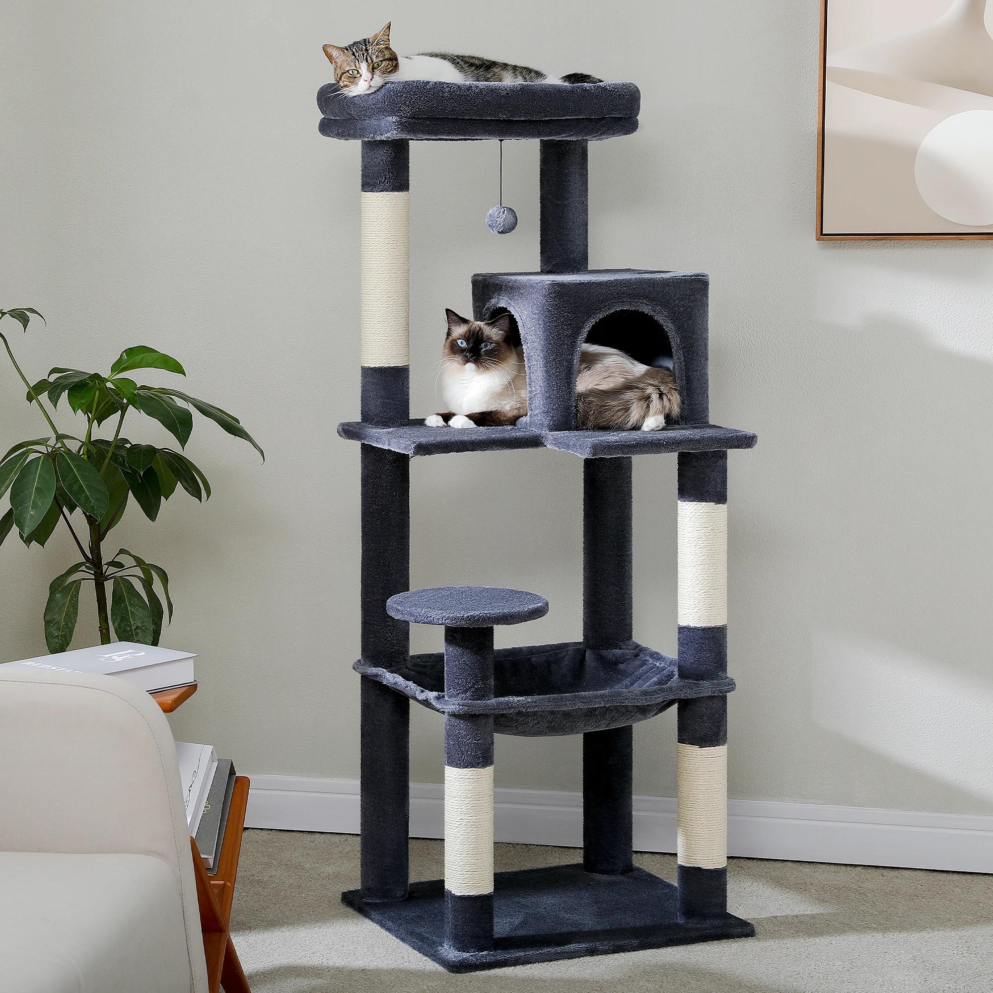 Arbre à chat pour chats d'intérieur, tour à chat à 5 niveaux pour grands chats avec grand hamac, pot