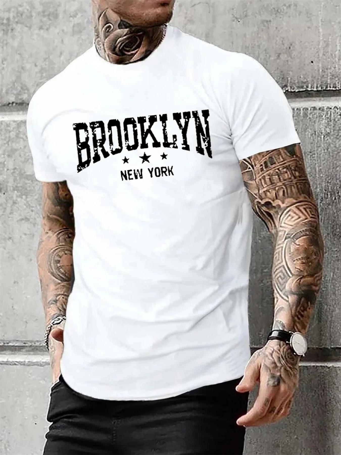 Hommes 100% pur coton été décontracté ample Brooklyn New York lettre imprimé confortable col rond à 