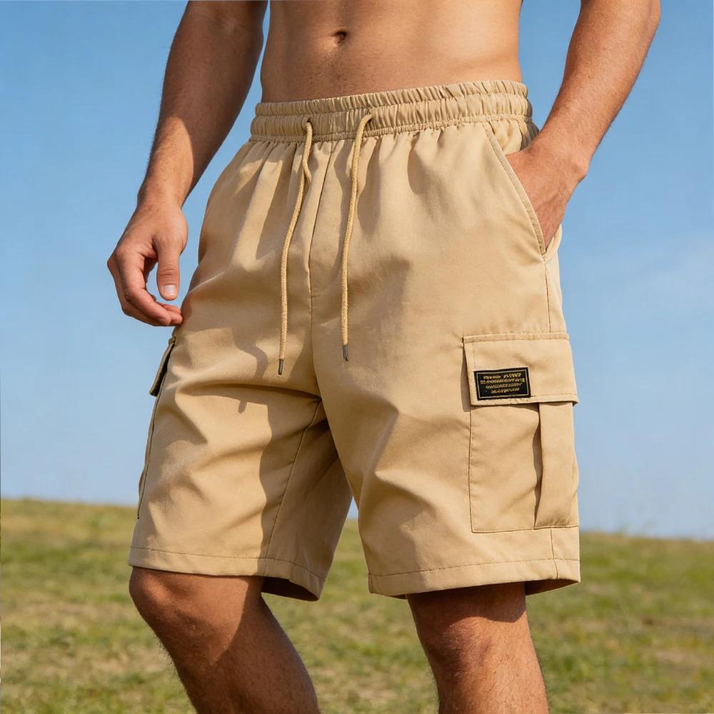 Shorts cargo d'été pour hommes, couleur unie, avec cordon de serrage, poches à rabat, décontractés, 