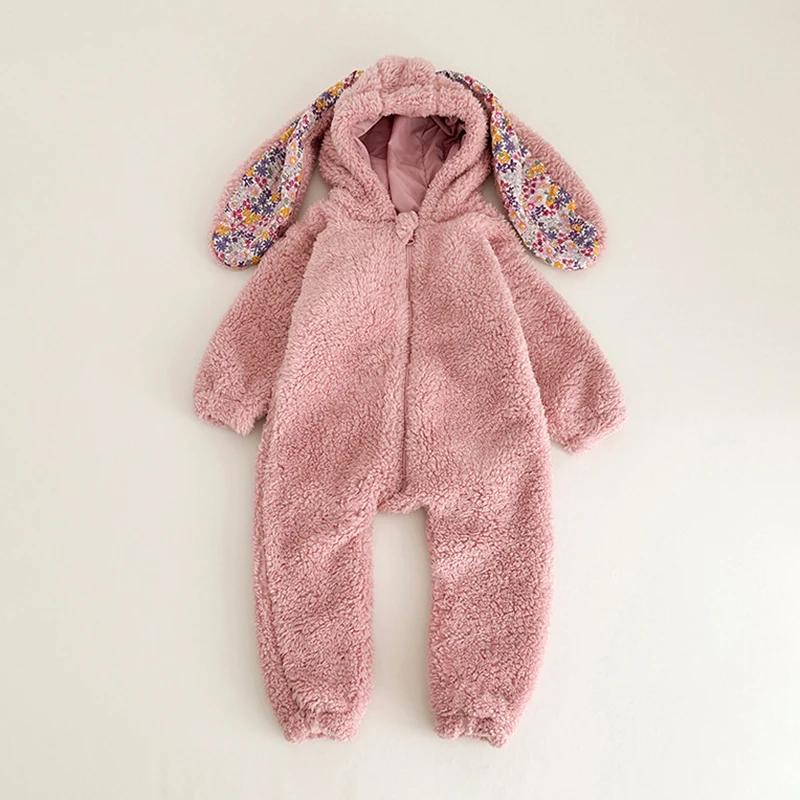 Barboteuse printemps bébé unisexe peluche - Combinaison pyjama capuche vêtement maison nouveau-né