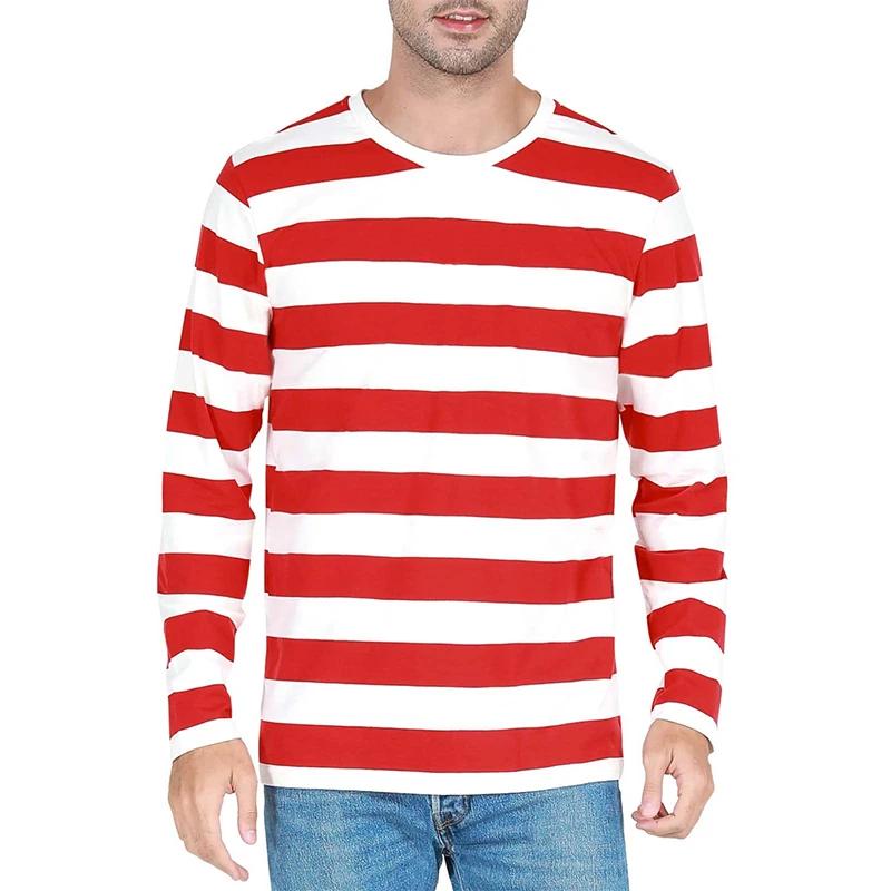 Mode contraste rayure impression 3D hommes à manches longues T-shirt décontracté mode col rond surdi