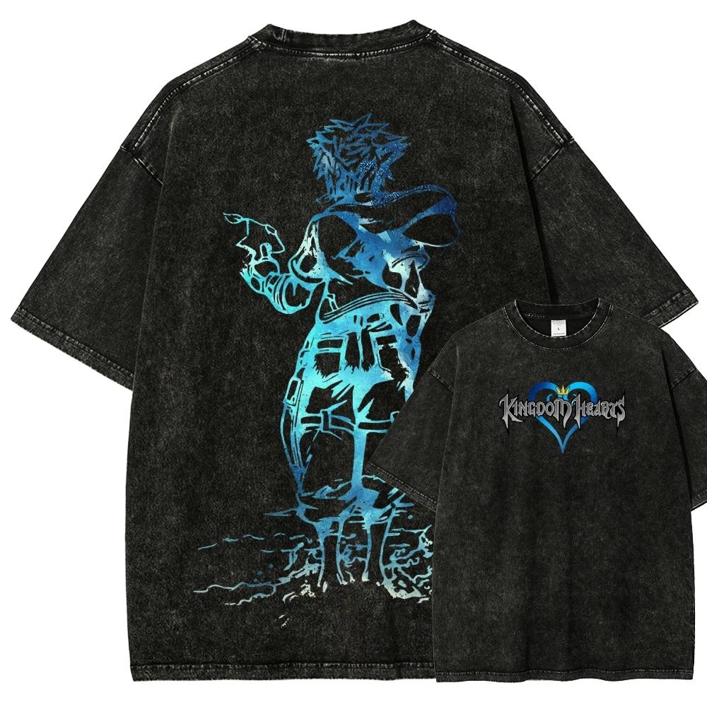 T-shirt délavé Kingdom Hearts, vêtements pour toute l'année, vêtements de caractère, grande taille, 