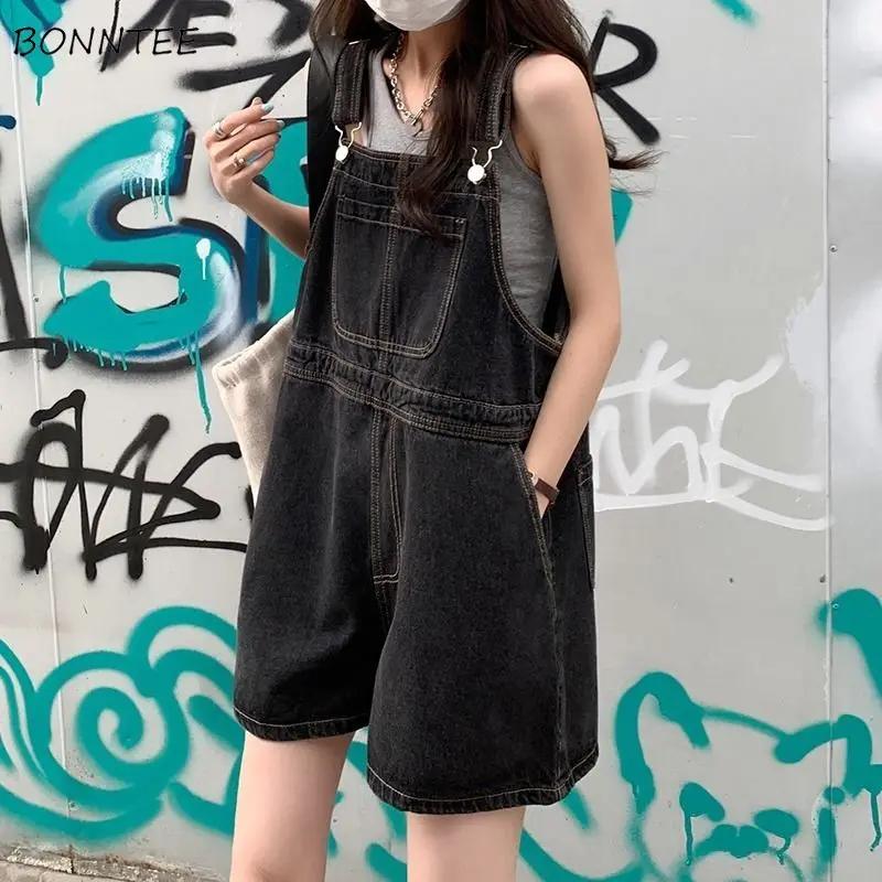 Denim Rompers Women Wide Leg Loose Korean Style Students Solid Summer Playsuits Leisure Trendy Pocke