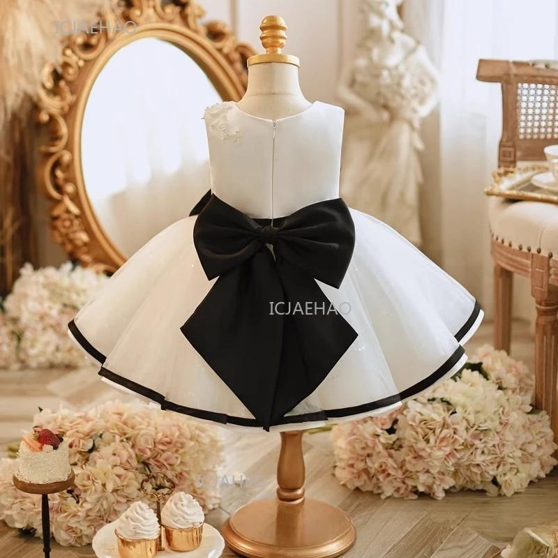 Robe de soirée noire avec nœud et ceinture pour enfants, idéale pour la scène, célébration des 100 j