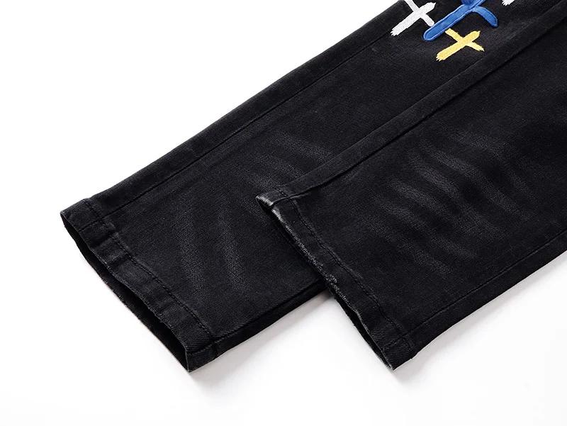 2025 nouveau trou de rayure détruit hommes haute rue coupe ajustée maigre noir clair broderie Denim 