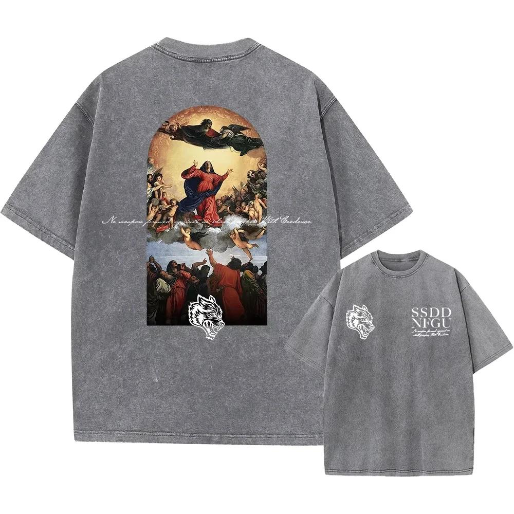 Hommes Harajuku décontracté coton à manches courtes lavé T-Shirt Vintage imprimé rue Hip Hop rétro P