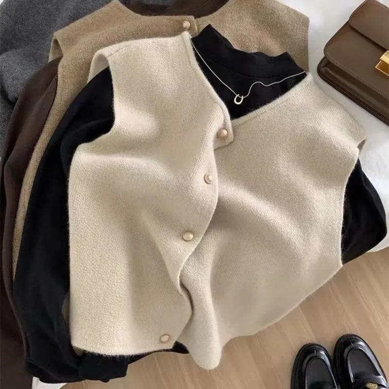 Cardigan coréen à col ras du cou pour femmes, boutons solides, manches courtes, manteaux, pull trico