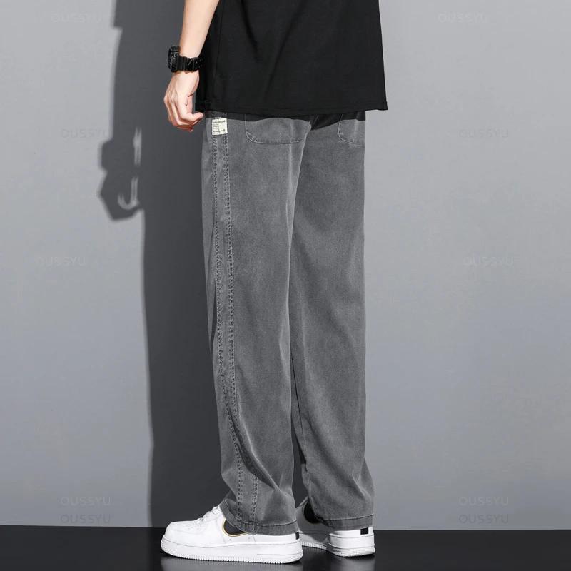 Été doux Lyocell tissu hommes jean mince ample pantalon droit cordon taille élastique corée pantalon