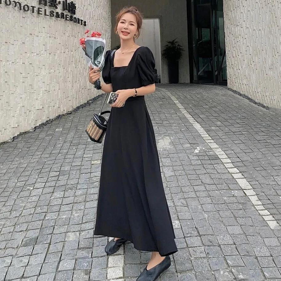 Robe Chic Vintage Noire pour Femme, Taille Haute, Col Carré, Manches Bouffantes, Nministériels d Tra