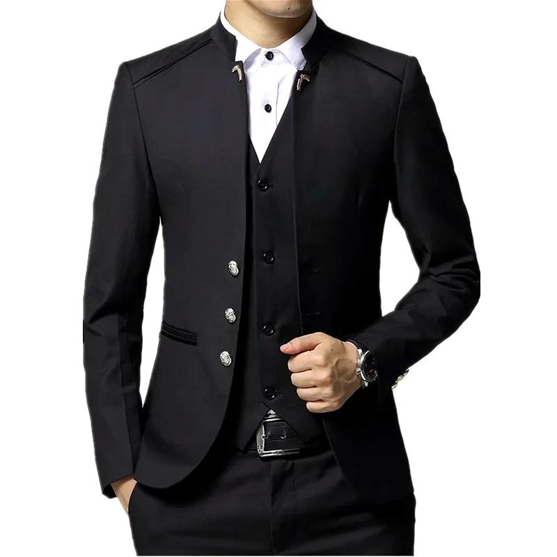 3 pièces noires à col montant pour hommes, veste blazer et gilet pour fête de mariage avec pantalon,