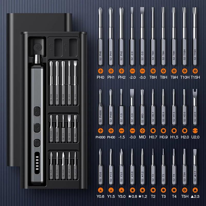 Jeu de tournevis électriques, Kit d'outils électriques de précision rechargeables avec lumière LED 3