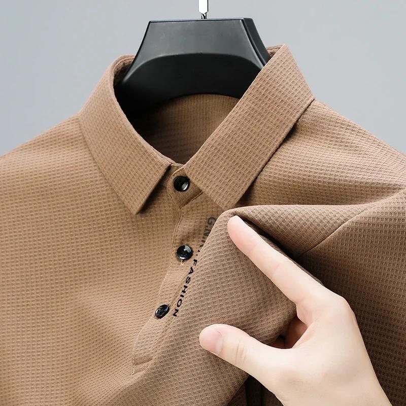 POLO gaufré à manches longues pour hommes avec lettre imprimée revers haut décontracté