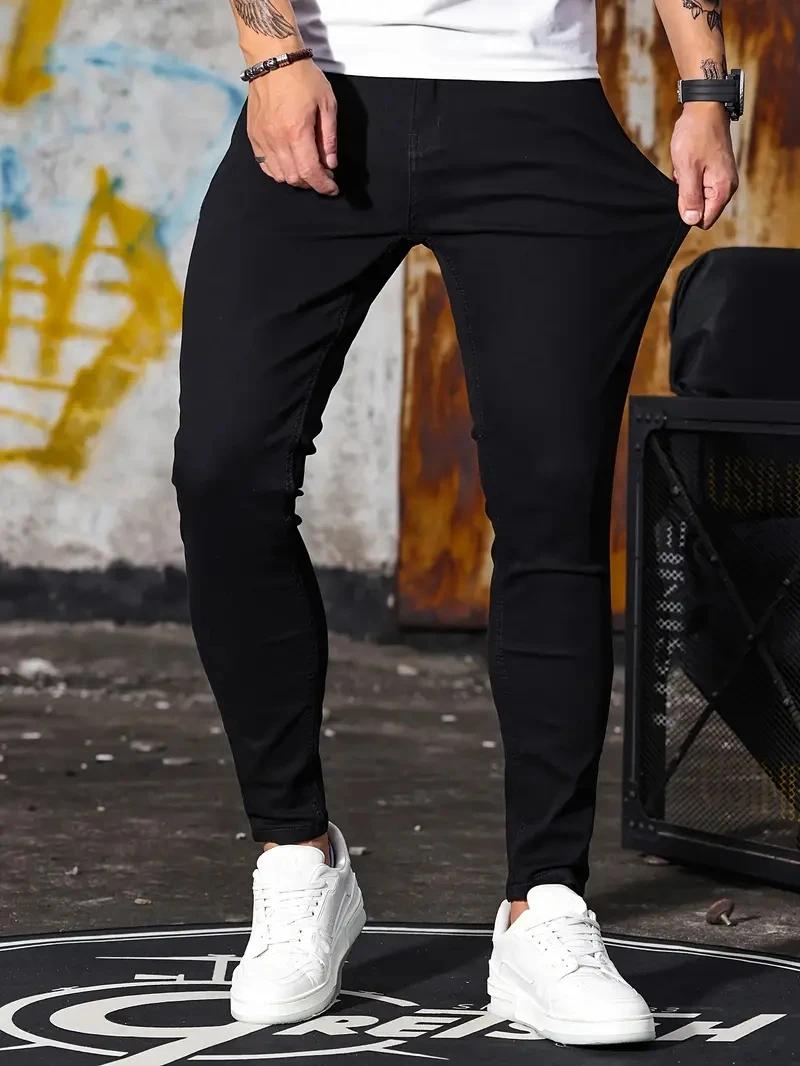 Homme pantalon rétro lavage fermeture éclair Stretch jean décontracté coupe ajustée pantalon mâle gr