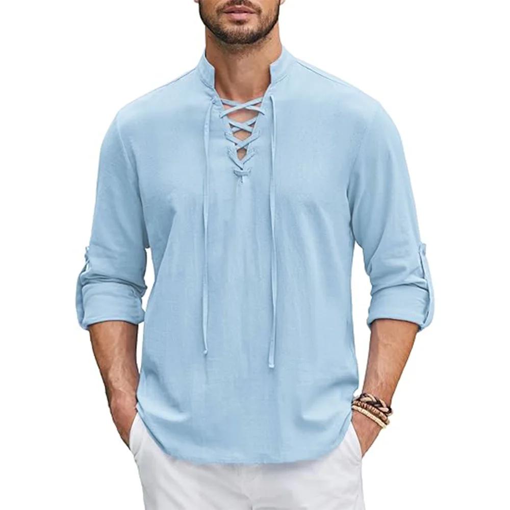 Chemise Renaissance pour hommes, haut Pirate Viking médiéval, chemises en coton et lin, manches long