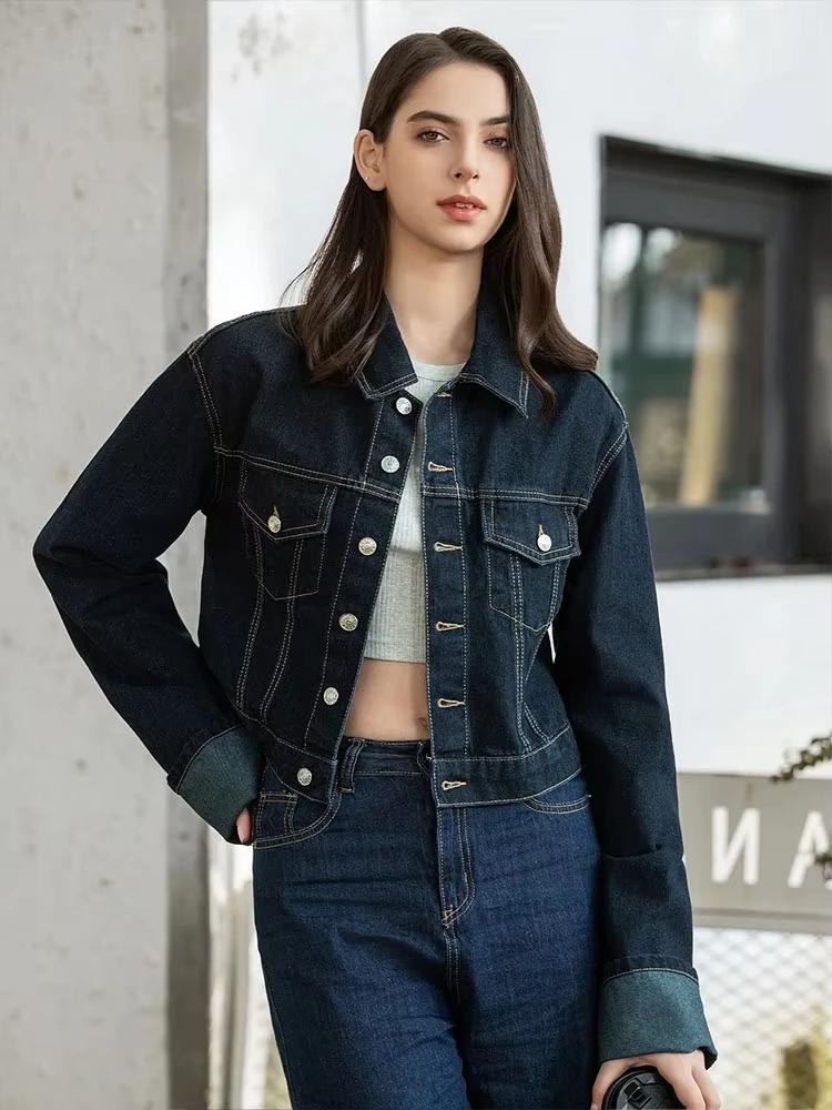 HH femmes mode Denim ensemble décontracté revers à manches longues veste courte boutons femme Vintag