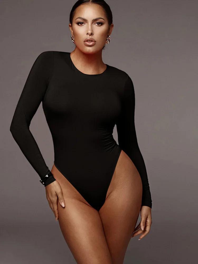 O cou à manches longues solide blanc Sexy Body femmes noir automne hiver corps haut gris décontracté