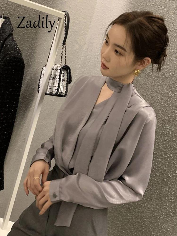 Zadily 2024 printemps bureau dame à manches longues femmes Satin Blouse Style coréen col en V pansem