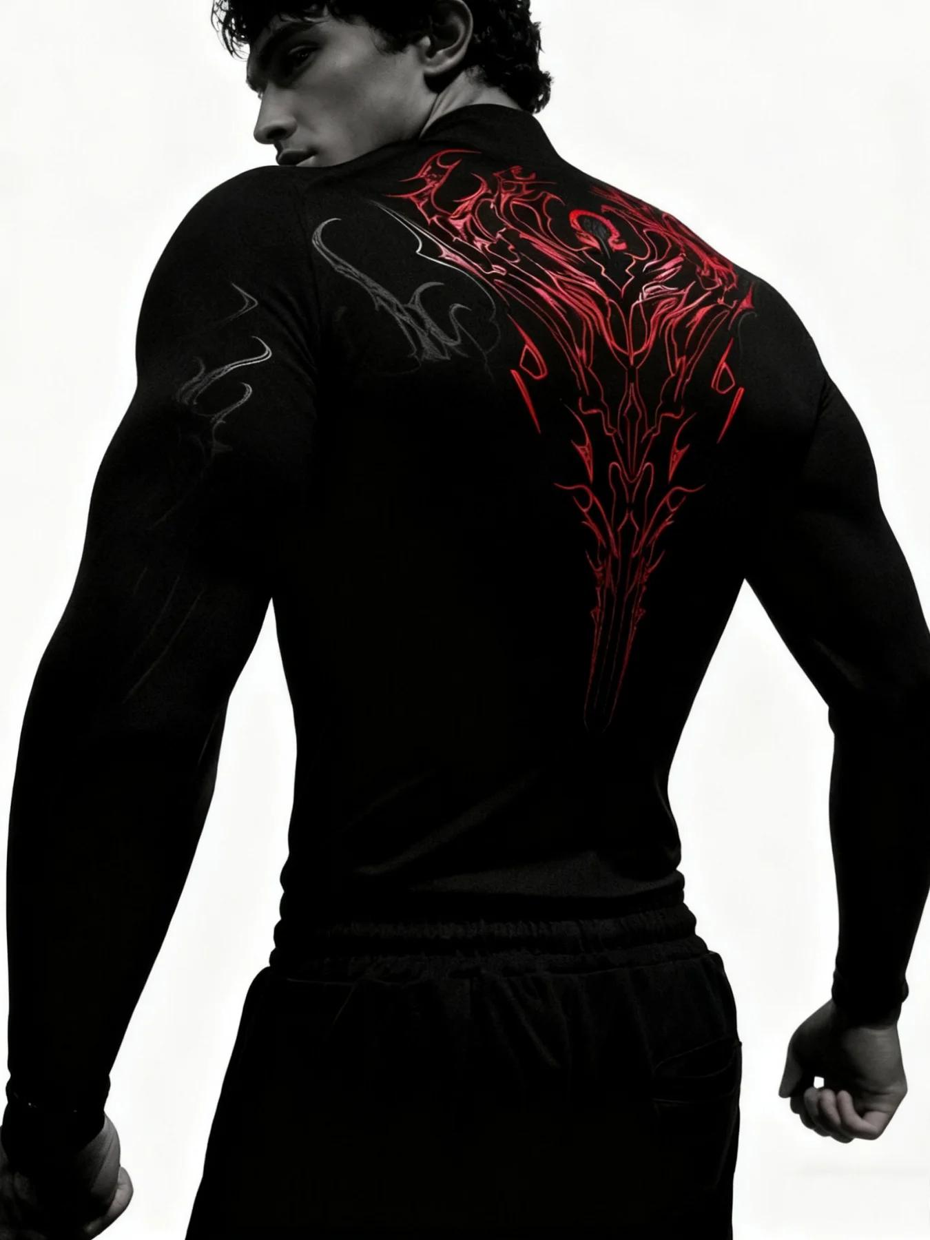T-shirt de fitness à manches longues pour homme, coupe ajustée, imprimé géométrique, col montant, id