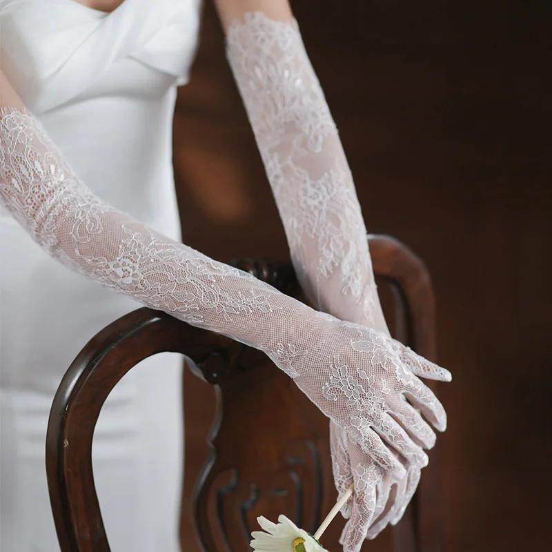 Gants longs en dentelle blanche, maille Sexy, cils, Tulle, coude de mariée, accessoires de Costume d