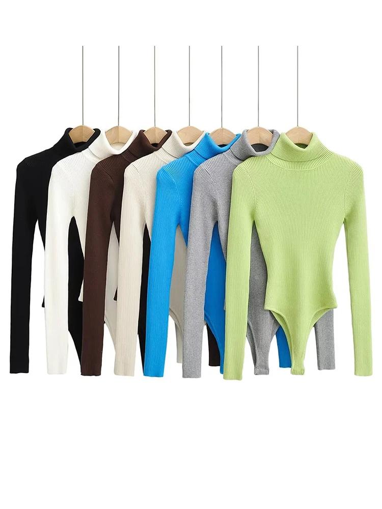 Combinaison côtelée à col roulé pour femme, manches longues, mince, extensible, 7 couleurs