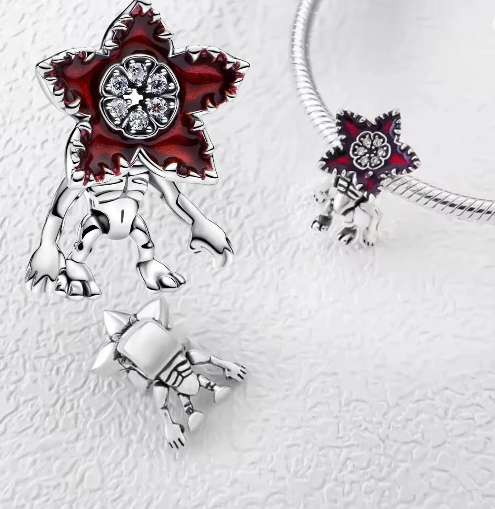 Bracelet à breloques Fleur Monstre Rouge en Argent 925, Réglable, Hypoallergénique, Tendance 2026, B