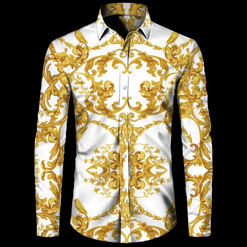 Chemises imprimées à motif de fleurs dorées pour hommes, cardigan décontracté à simple boutonnage, c