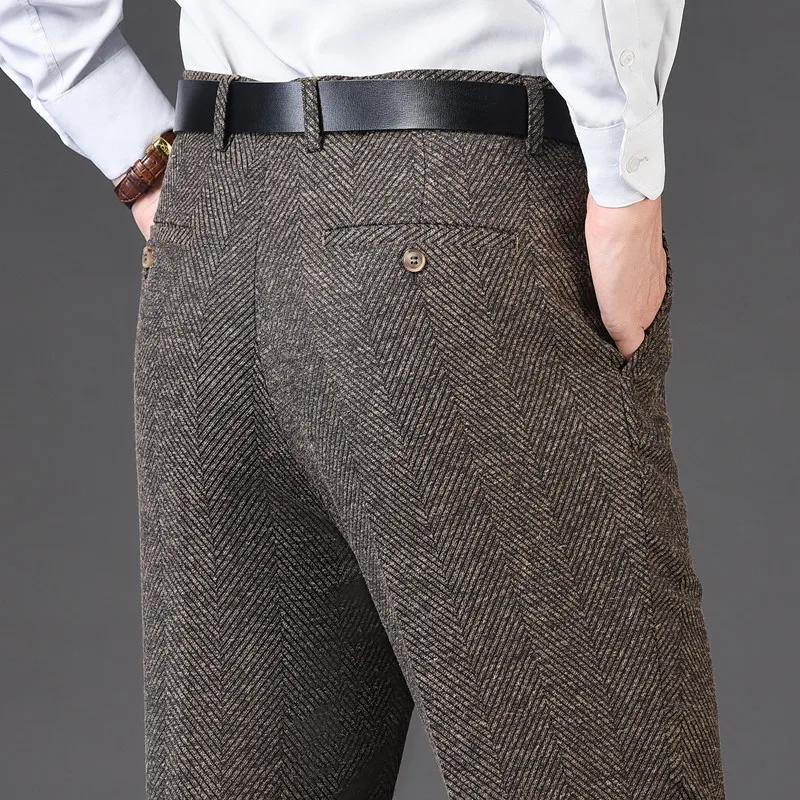 Pantalon de costume plat en cachemire pour hommes, ample, à carreaux, taille haute, classique, droit