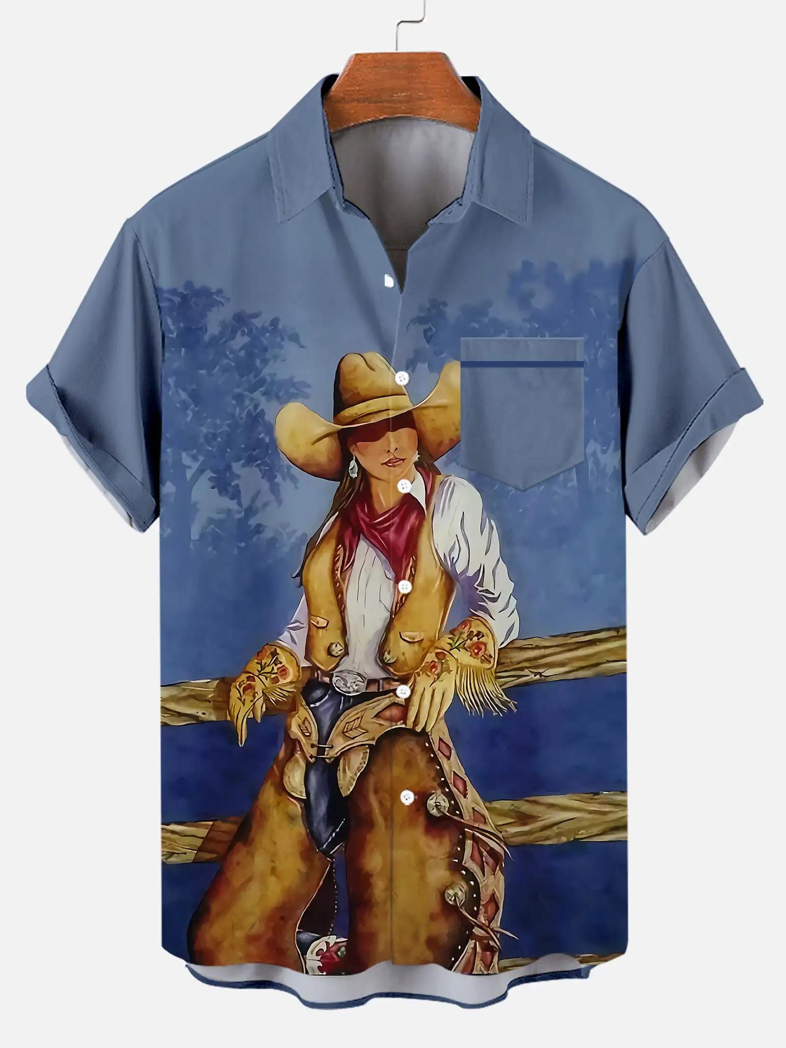 Chemise de cowboy équestre rétro décontractée pour hommes, impression 3D, chemise à col coloré, chem