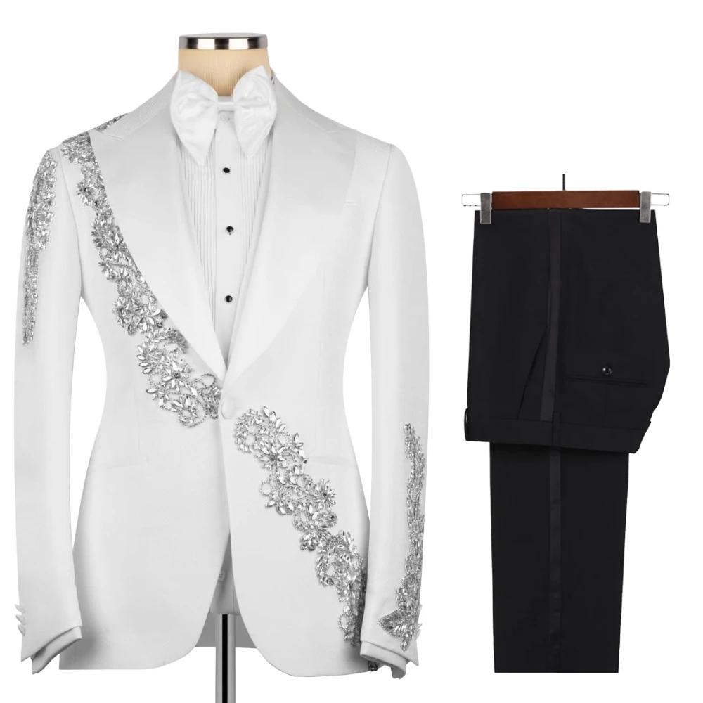 Costume de Mariage Formel Perlé pour Homme – 3 Pièces Slim Fit avec Veste à Revers Châle, Pantalon e