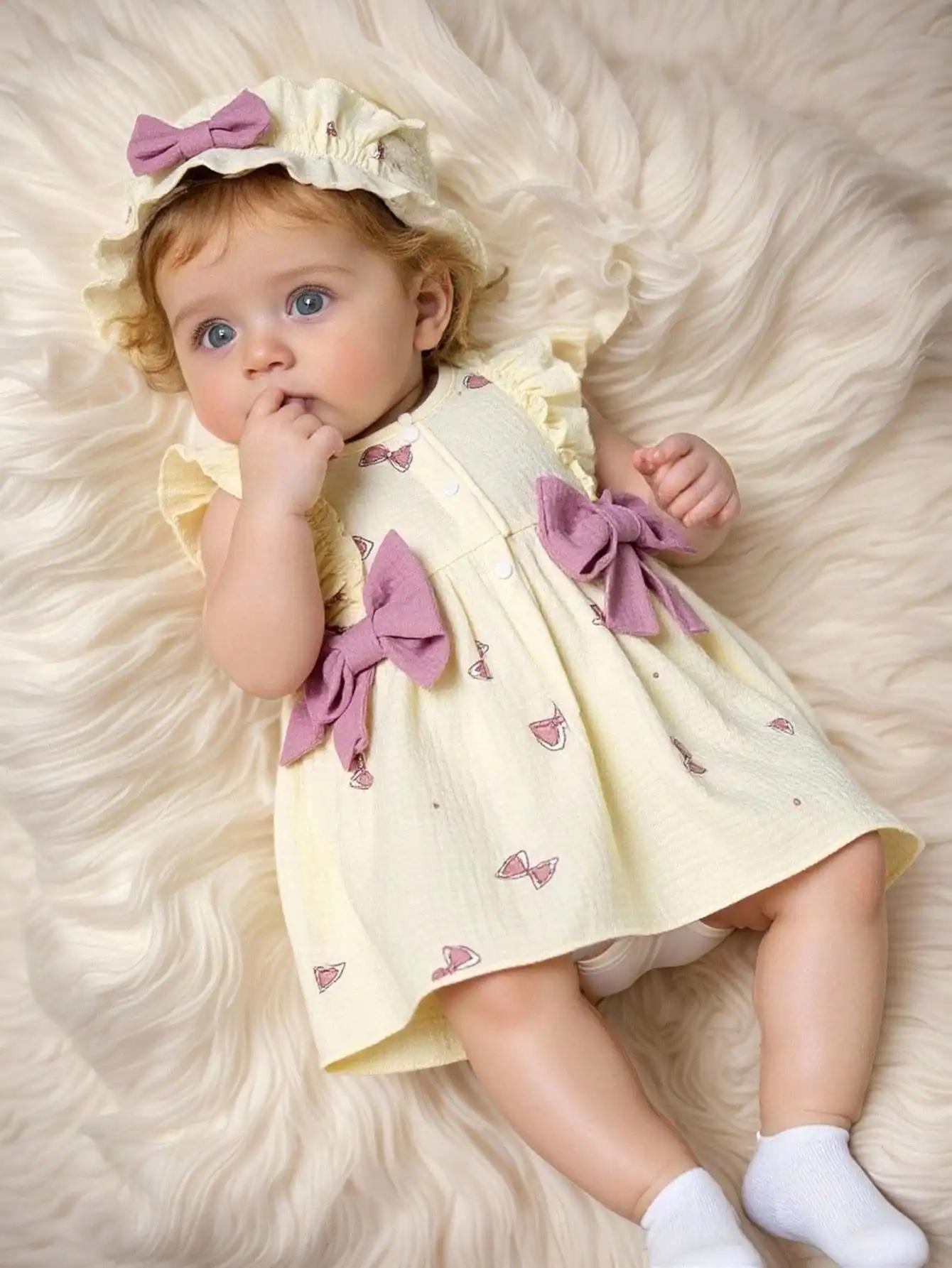 Robe bébé fille 0-9 mois 2 pièces avec chapeau - Imprimé nœud col rond volants nouveau-né