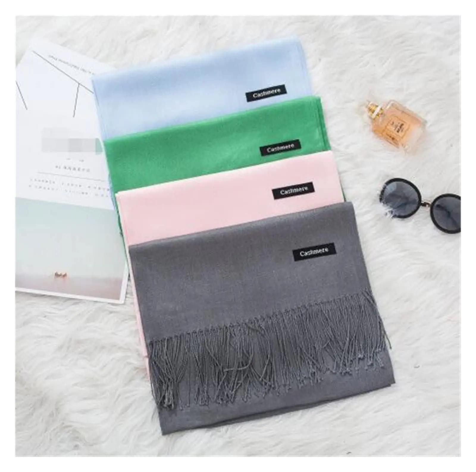 Femmes solide écharpe cachemire sentiment Pashmina châles gland Hijab bandeau Femme mince printemps 