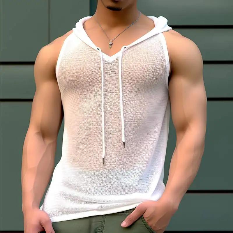 Nouveau Chic hommes à capuche sport débardeurs Sexy couleur unie Transparent sans manches T-shirt ét