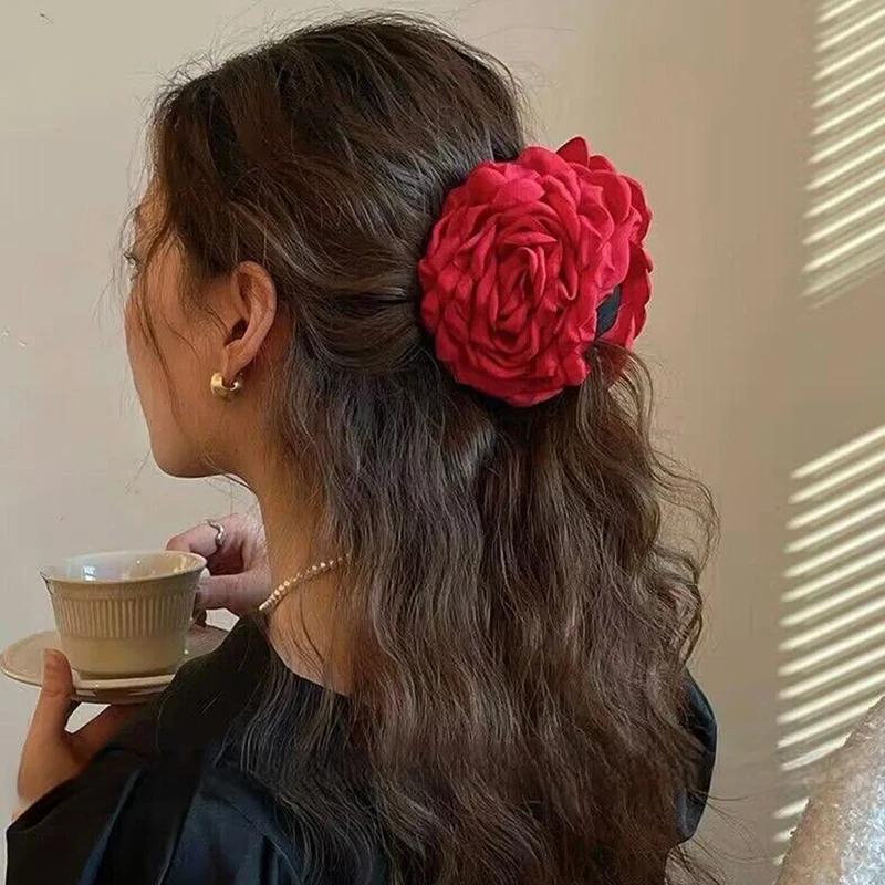 Pince à cheveux française romantique en forme de fleur de Rose pour femmes, grande pince à requin él