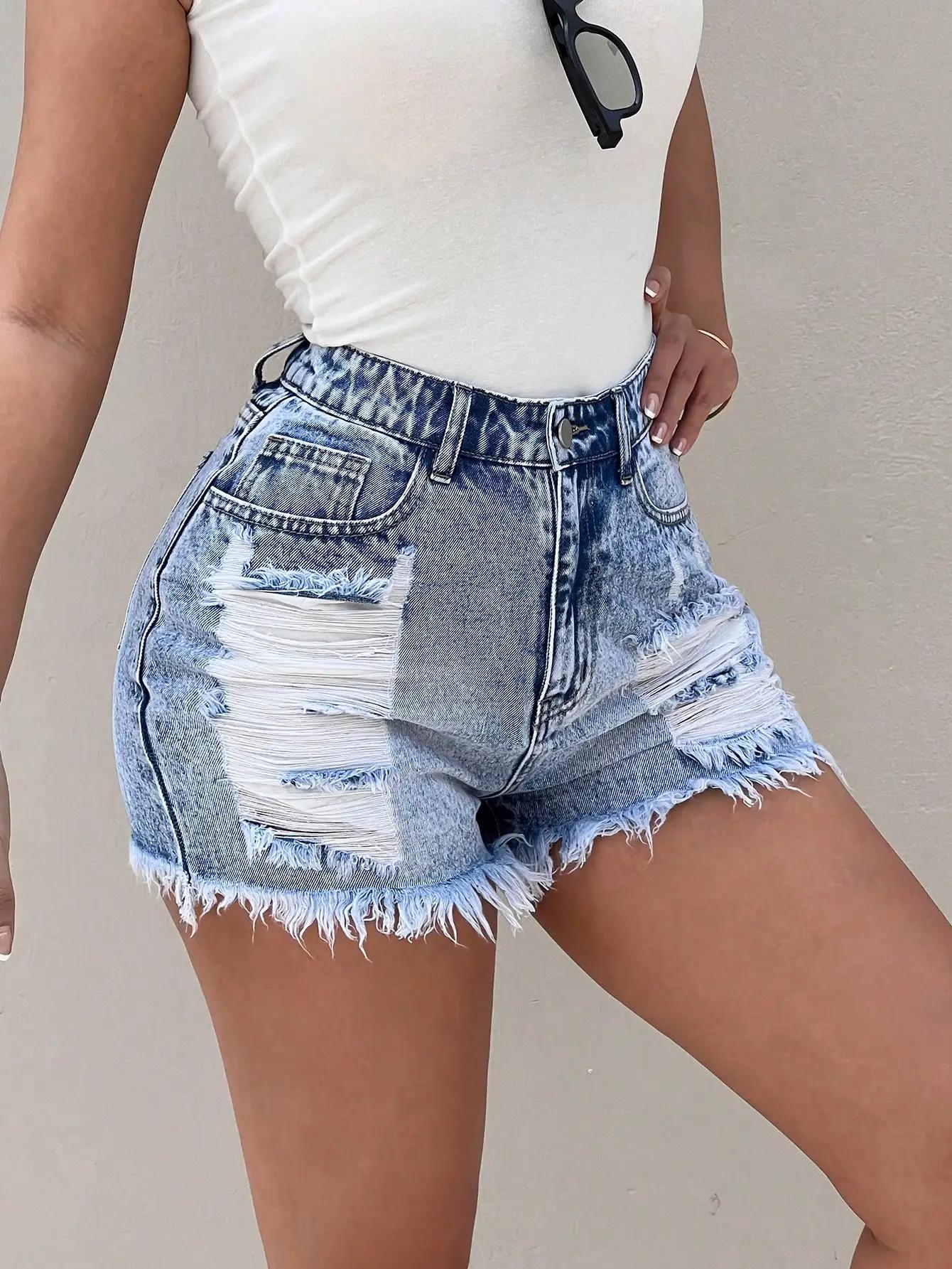 Short en jean taille haute au design vieilli à la mode et polyvalent pour l'été 205. Nouveau style, 