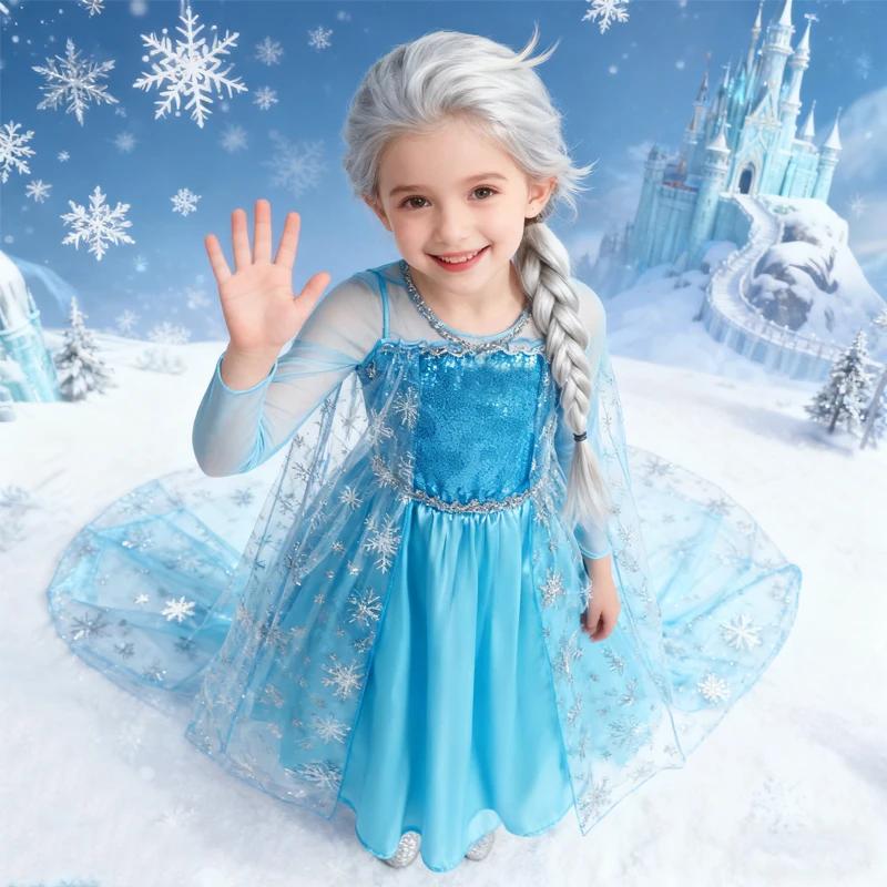 Robe Elsa Cosplay robe de princesse bleu clair à manches longues paillettes enfants robes carnaval f