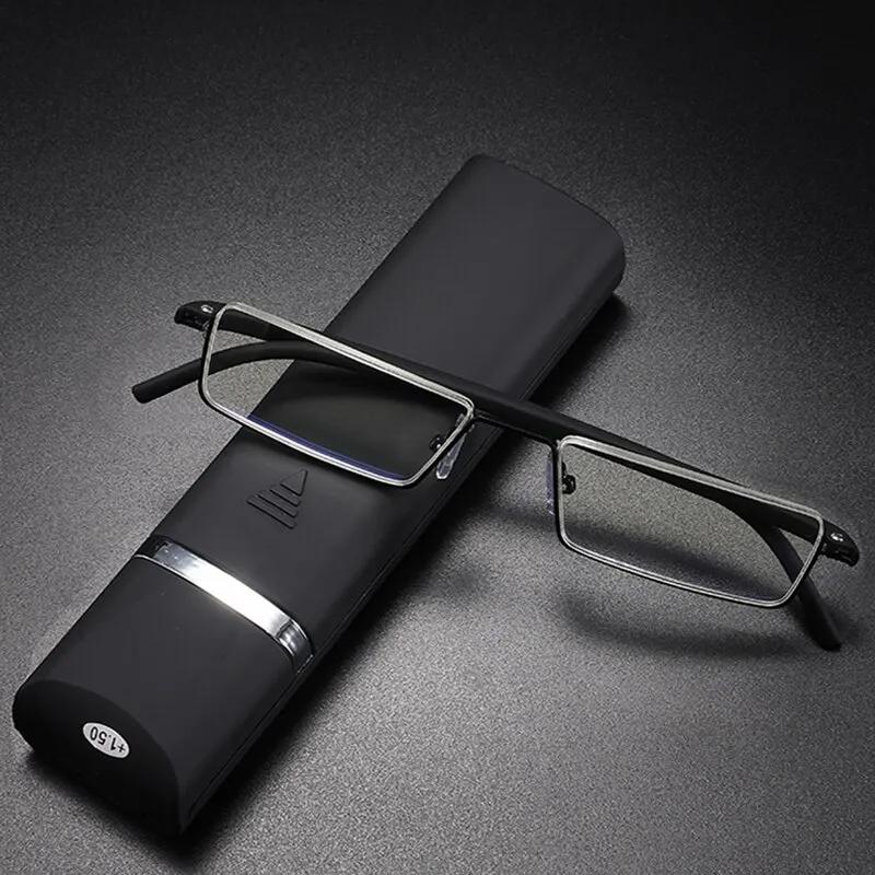 Lunettes de Lecture Anti-Lumière Bleue en Métal pour Homme, Demi-Monture, avec Étui, + 1.0 1.5 2.0 2