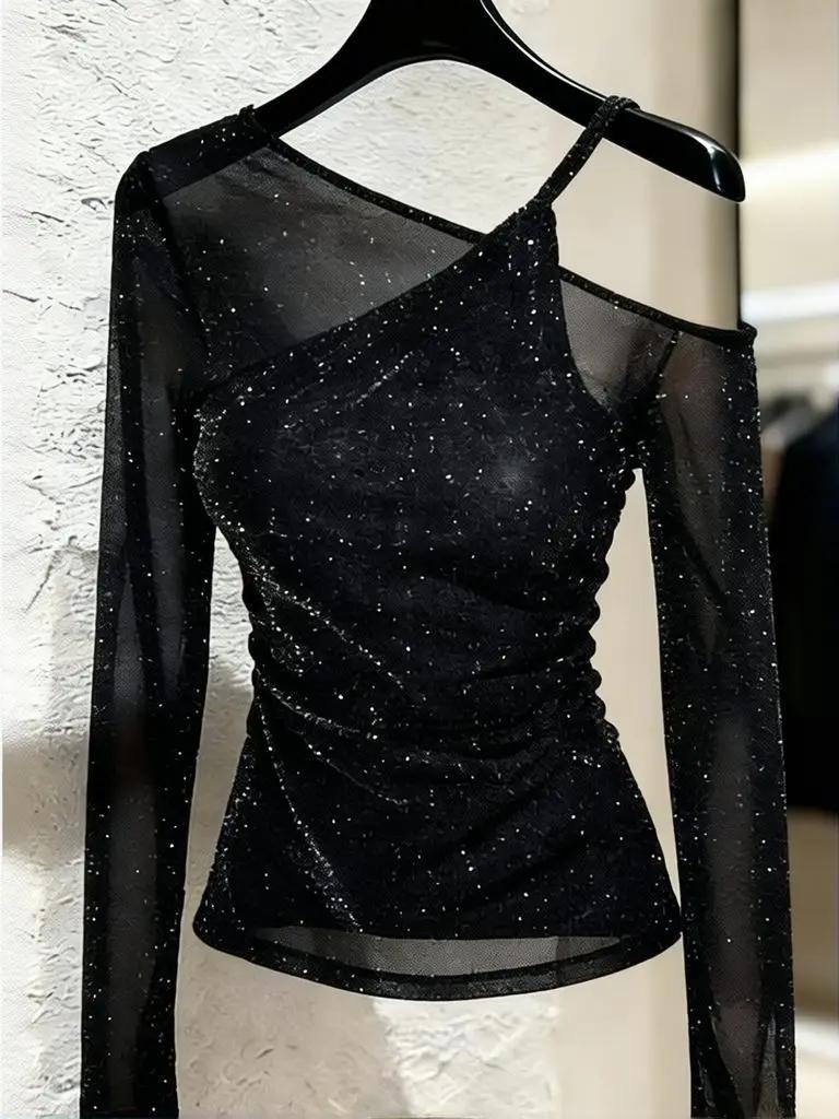 Nouveau haut de créateur pour femme, effet deux pièces, à sequins brillants, manches longues, épaule