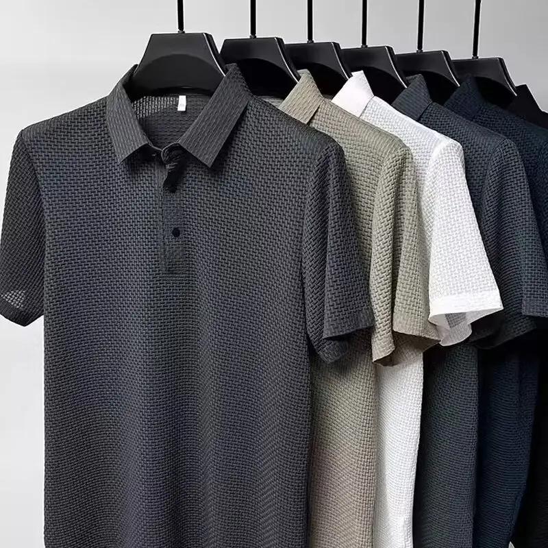 Nouveau T-shirt Polo d'été pour homme à manches courtes ajouré en soie glacée respirante, style prof