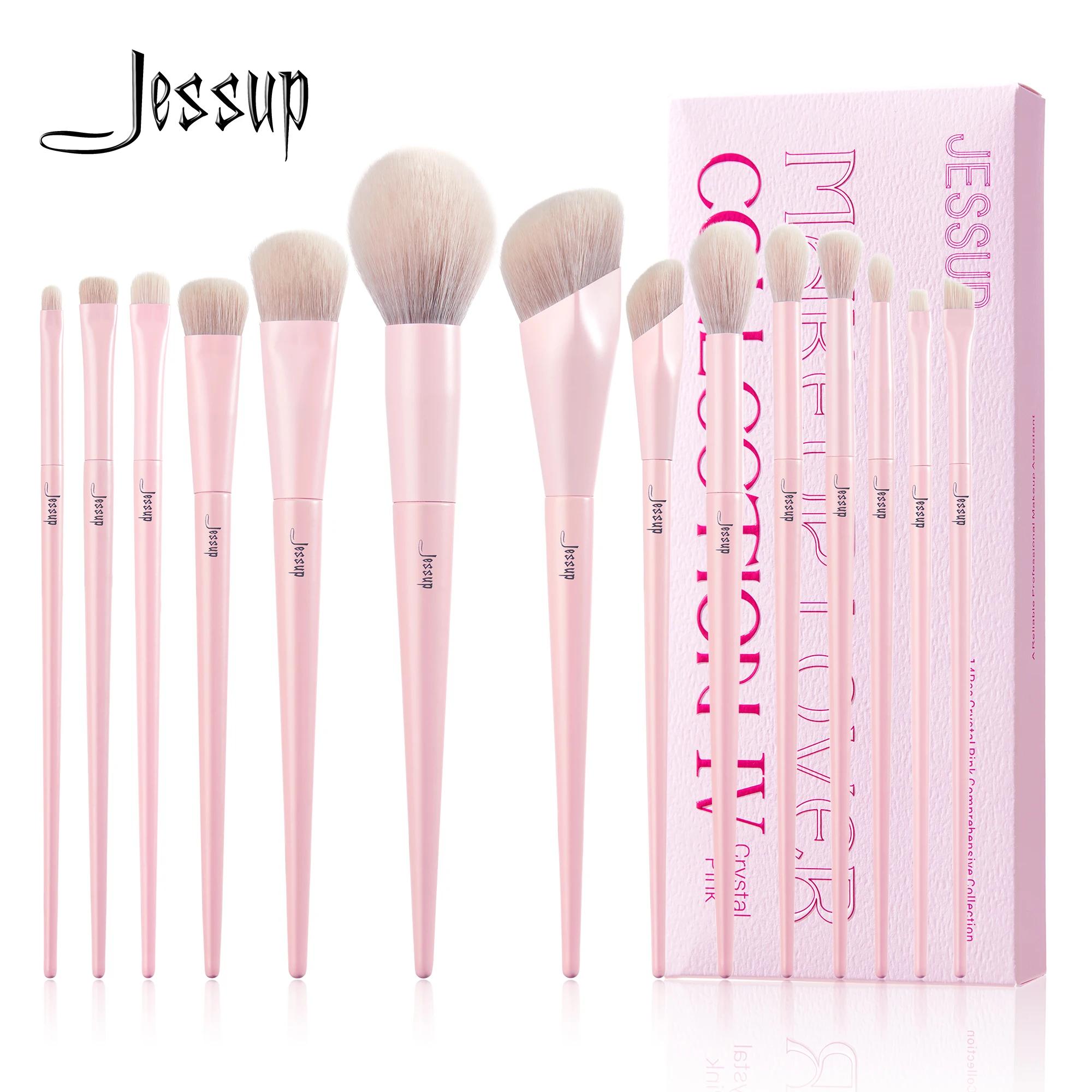 Jessup-Ensemble de pinceaux de maquillage roses, 14 pièces, premium, vegan, fond de teint, blush, fa