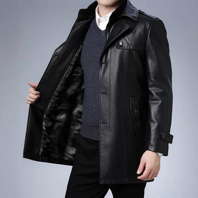 Veste d'hiver en cuir polaire pour hommes, costume d'affaires mi-long décontracté avec col coupe-ven
