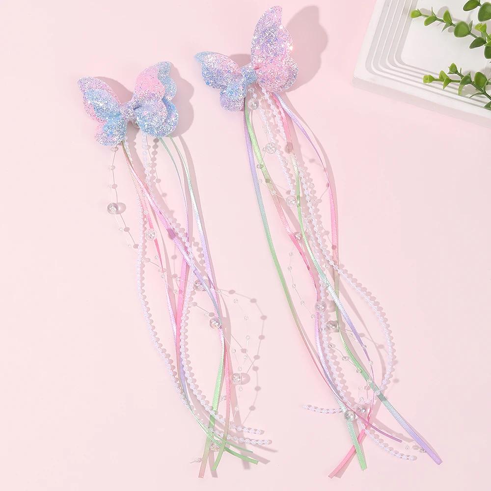 Pinces à cheveux avec nœud papillon à paillettes, 2 pièces, papillon arc-en-ciel avec de longues per