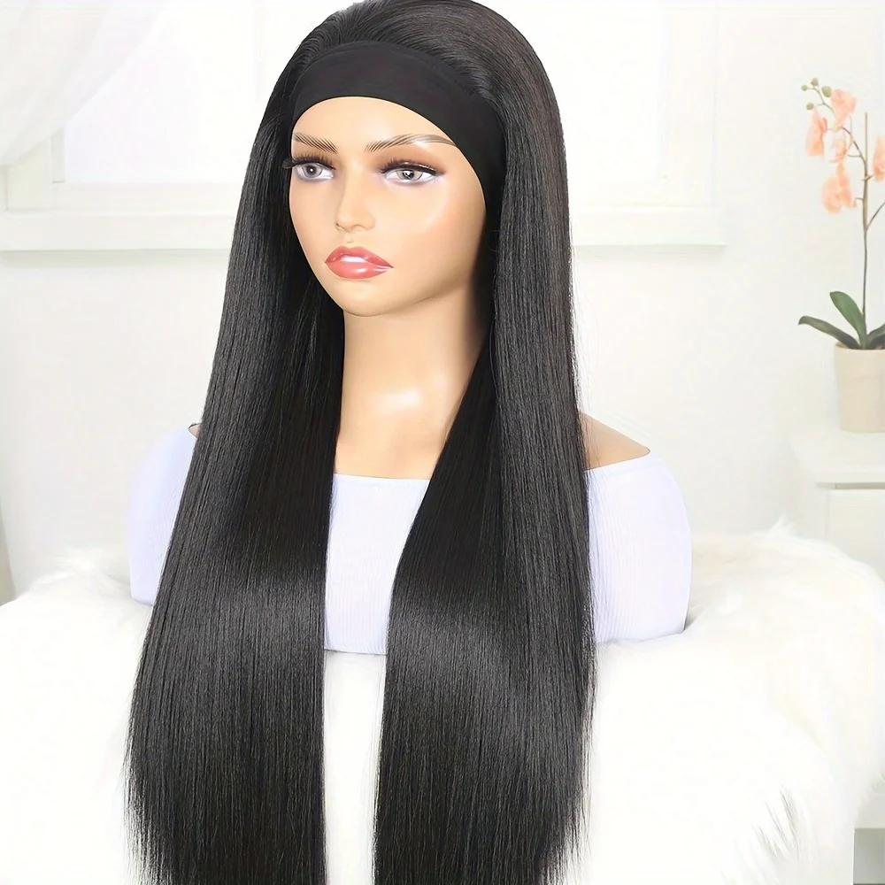 28 pouces bandeau perruque noir résistant à la chaleur cheveux synthétiques femmes bandeau perruque 