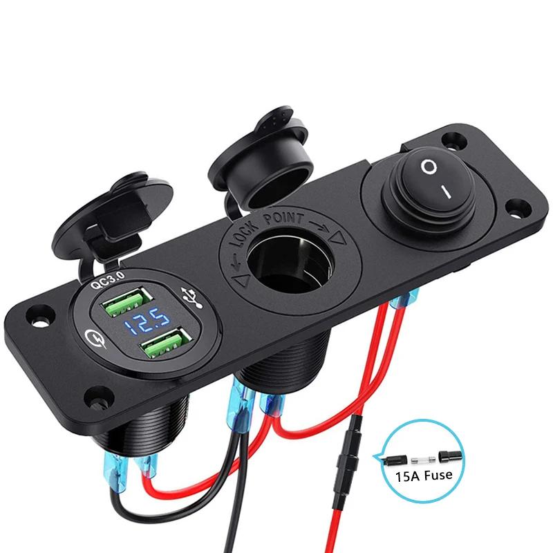 Prise allume-cigare 12V 3 en 1, étanche, double panneau de sortie USB QC3.0 pour voiture, RV, bateau