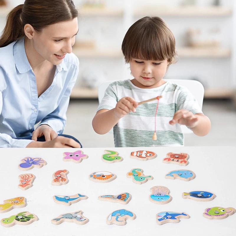 Jouets de pêche magnétiques en bois pour enfants, jeux de poissons cognitifs de la vie Marine, jouet