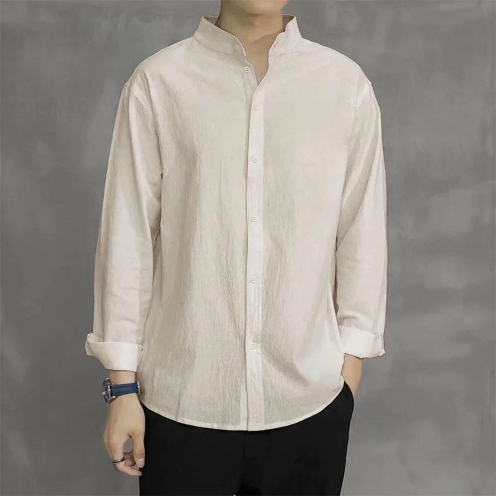 Chemise à manches longues pour hommes, couleur unie, coton et lin, col Henley, simple, respirant, St