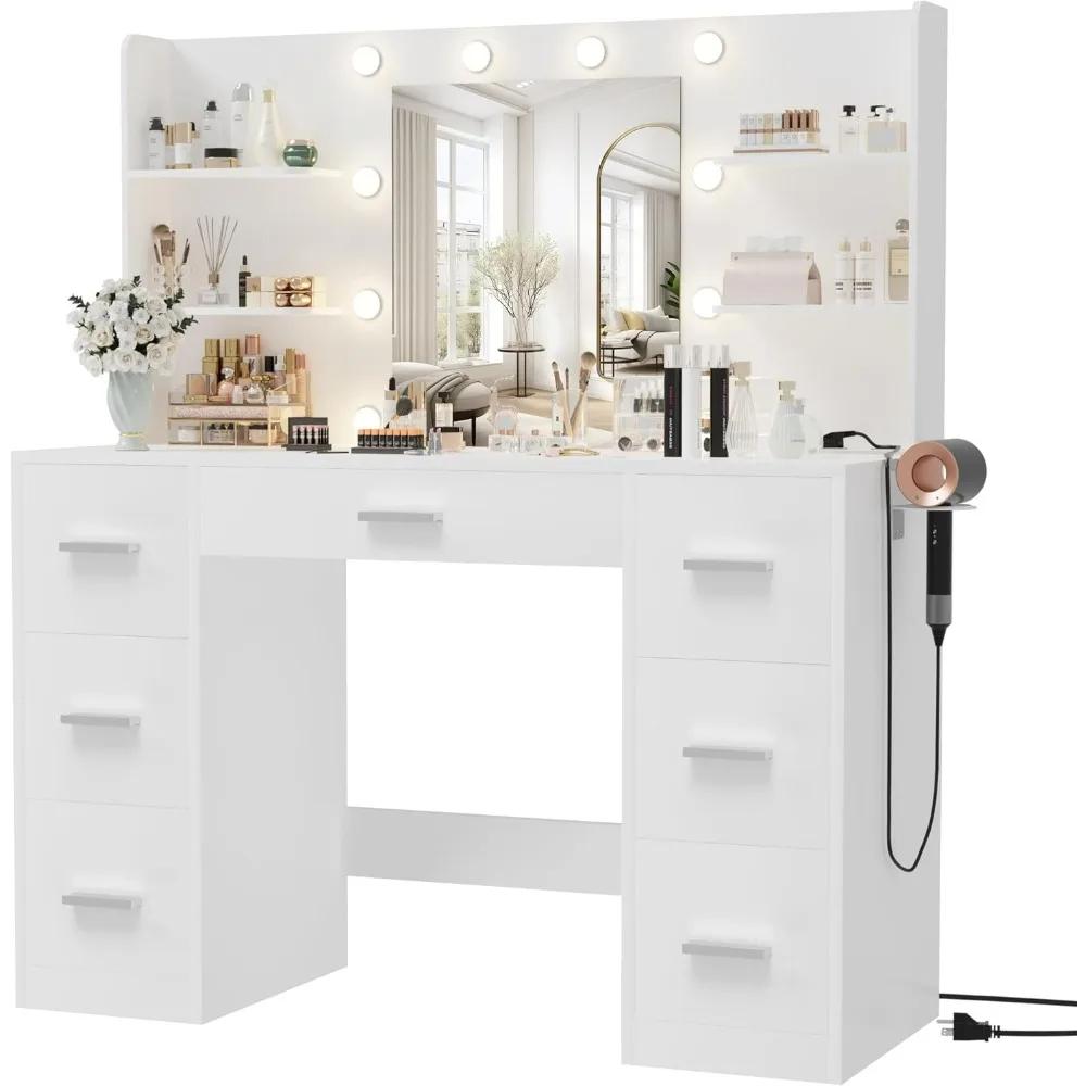 Furmax Vanity Desk avec miroir LED lumières prise de courant maquillage vanité Table 7 tiroirs 6 éta