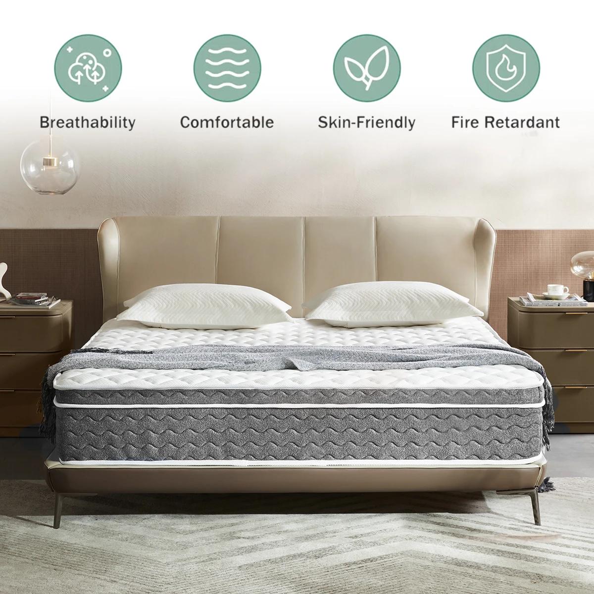 Matelas hybride Queen Size 10/12/14 pouces, fermeté moyenne, sans fibre de verre et certifié OEKO-TE