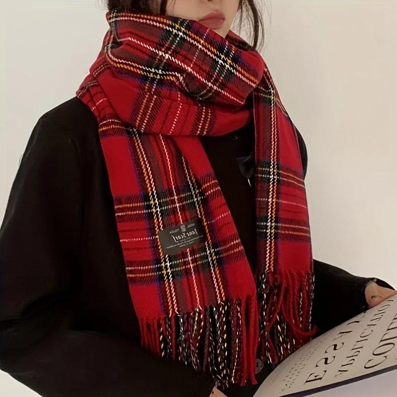 Écharpe à pampilles Tartan rouge, élégante, Vintage, décoration, écharpe de cou, automne hiver, rési