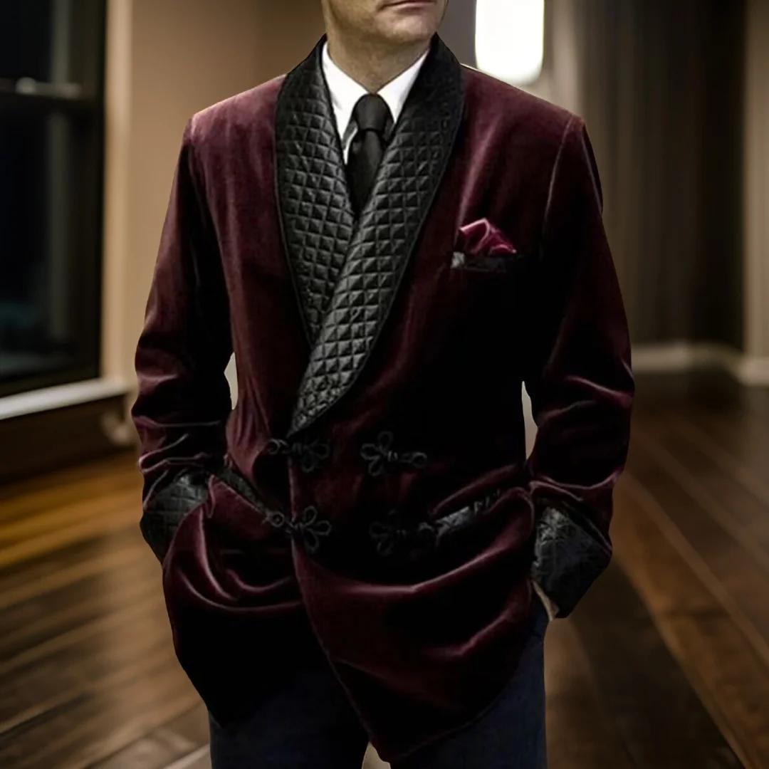 Veste longue en velours avec boutons mandarins pour homme, blazer d'affaires décontracté, revers châ