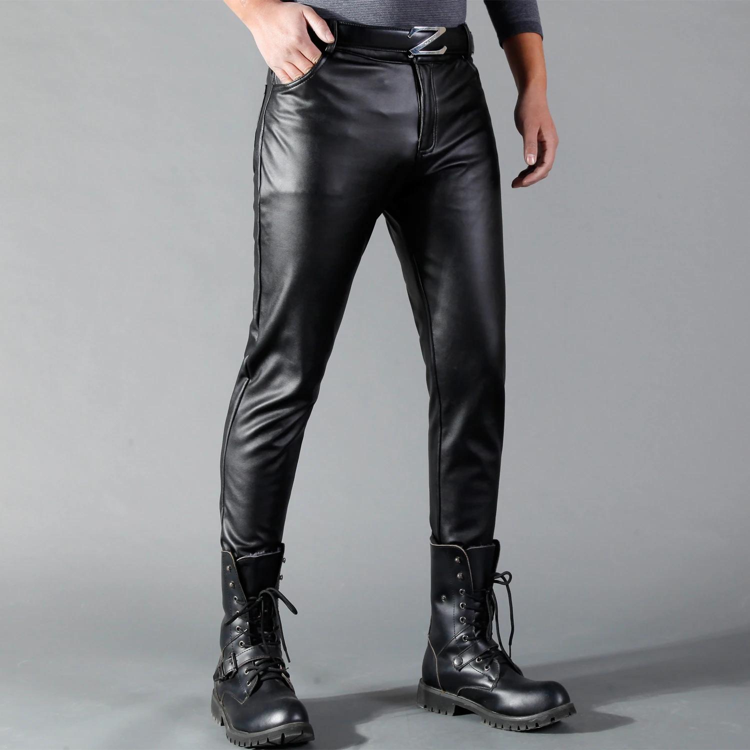 Pantalon en cuir pour hommes, coupe slim, élastique, mode, pantalon de motard en cuir PU, pantalon d